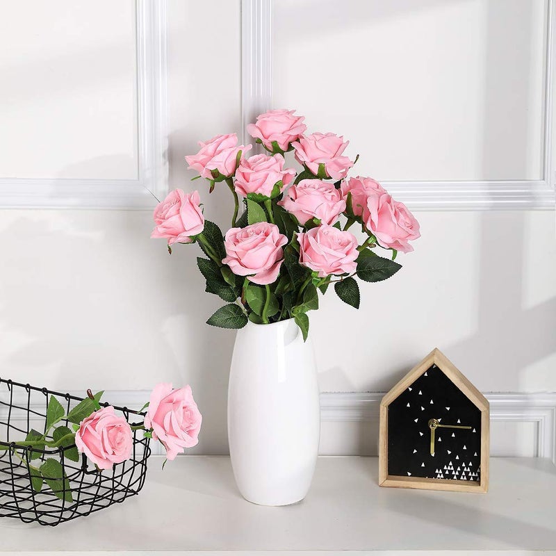 JUSTOYOU 10Pcs Artificial Roses Flowers for Valentine's Day, Realistic Blossom Roses, Real Touch Silk Rose, Single Fake Flower Long Stem Bouquets for Home Wedding Party Decoration (10Pcs, Pink) - Image 3
